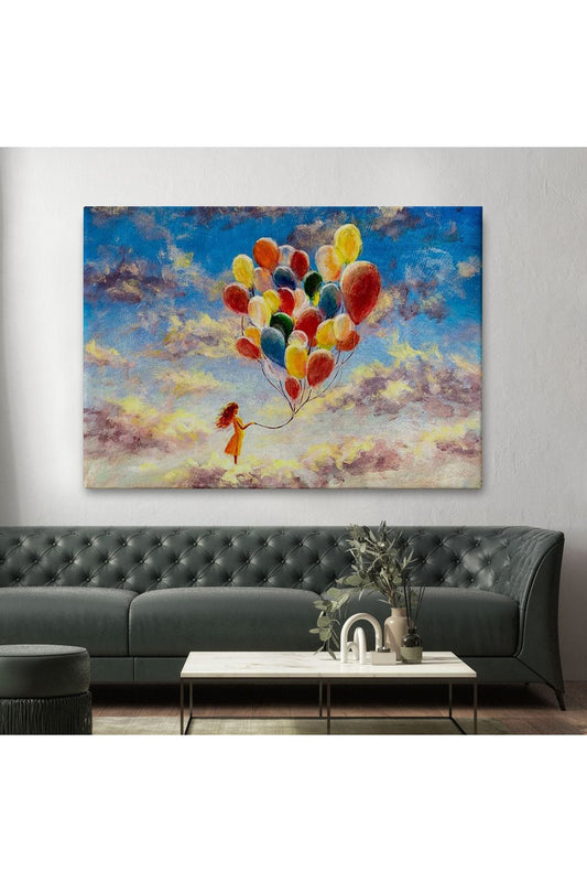 HG Bulutlaların Üzerindeki Renkli Balonları Tutan Kız Tablosu-6643