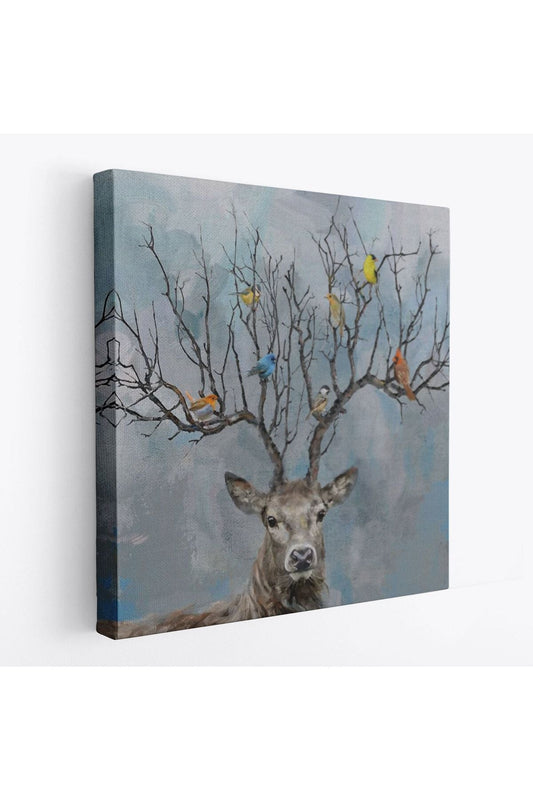 Geyik Boynuzları Üzerinde Renkli Kuşlar Tablosu-5863