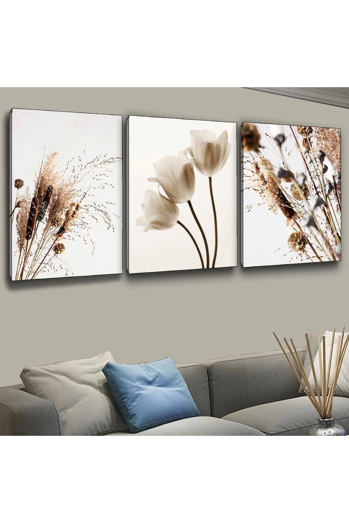 3'Lü Kanvas Sazlık Modern Tablo