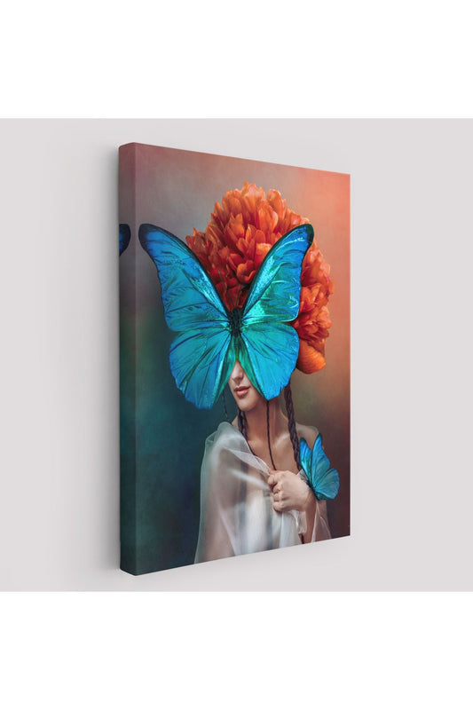 Mavi Kelebekli Kadın Yağlıboya Görünüm Dekoratif Kanvas Duvar Tablosu-5947