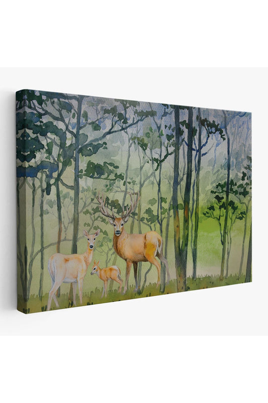 Geyik Ailesi Suluboya Görünüm Dekoratif Kanvas Duvar Tablosu-3648