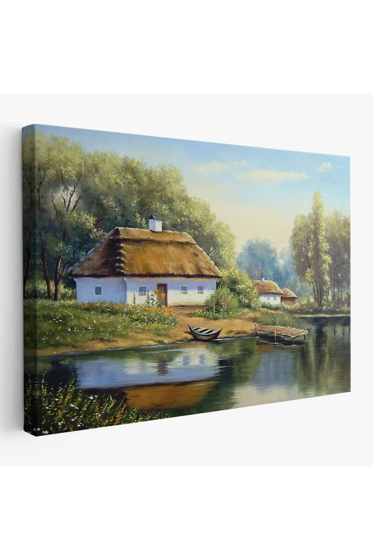 Göl Manzaralı Köy Evi Yağlıboya Görünüm Dekoratif Kanvas Duvar Tablosu-3510