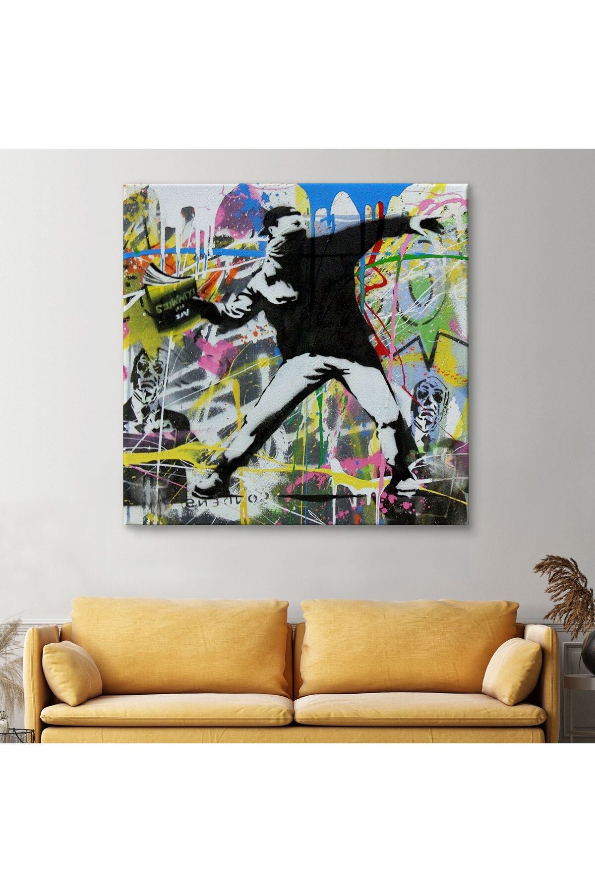 Fırlatma Çiçekleri Sokak Sanatı Kanvas Tablo, Renkli Çiçek Bombacısı, Anarşi Graffiti-5342