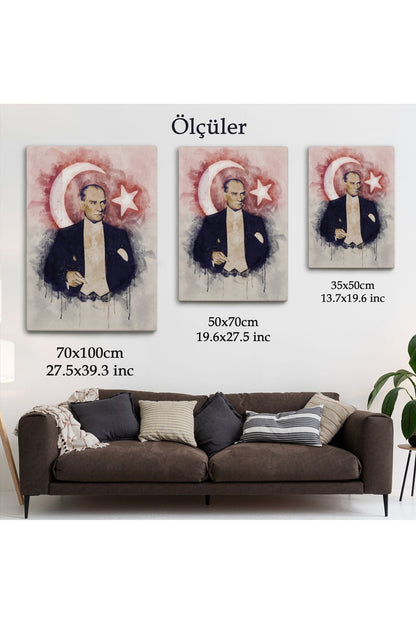 Mustafa Kemal Atatürk ve Türk Bayrağı Suluboya Görünümlü Dekoratif Kanvas Tablo-CY-76