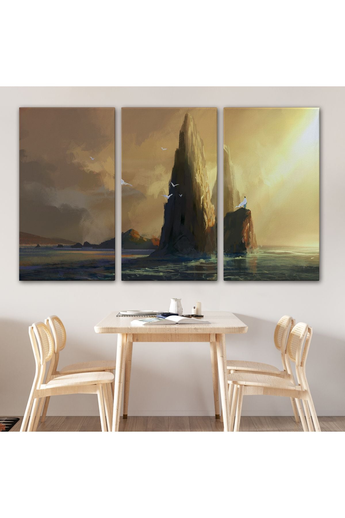 Kayaların Üzerinden Okyanusu İzleyen Beyaz Pelerinli Kadın Kanvas Tablo-5091