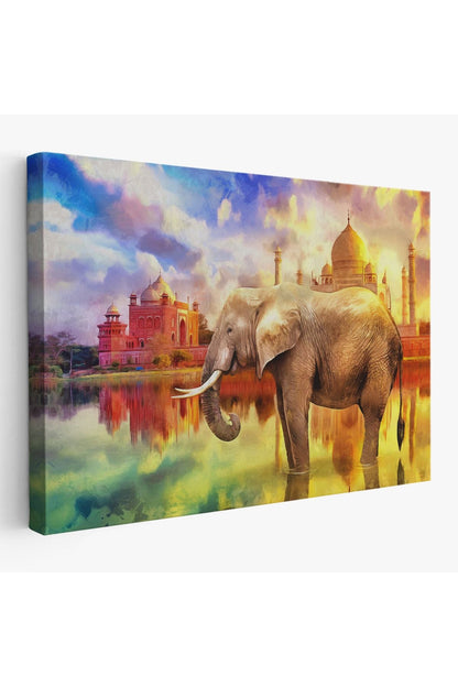 Fil ve Taç Mahal Manzaralı Yağlıboya Görünüm Dekoratif Kanvas Duvar Tablosu-3716