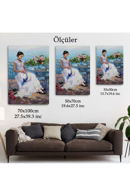 Terastaki Beyaz Elbiseli Güzel Kadın Tablosu-6273