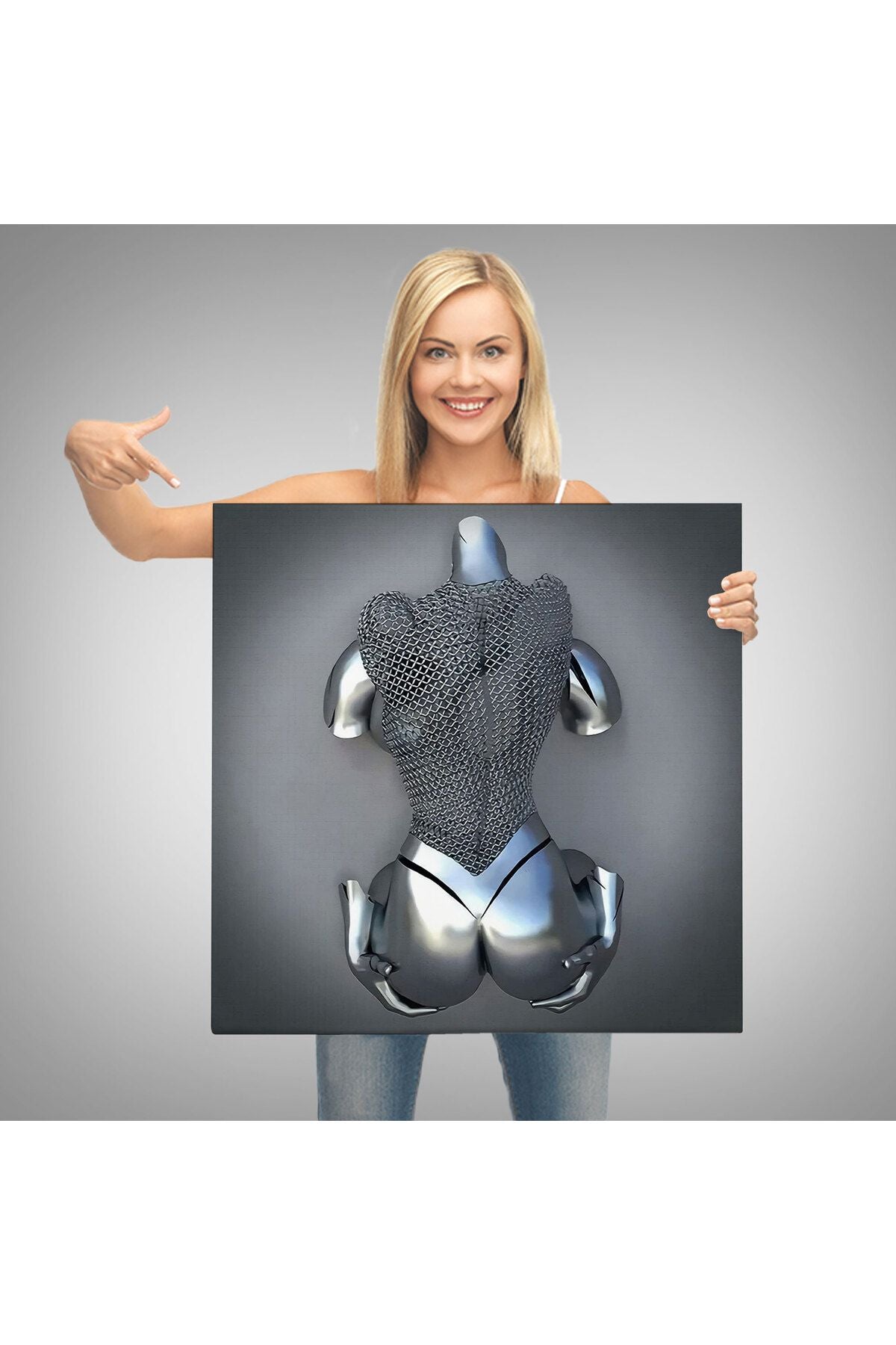 Gri Ve Gümüş Duvar Dekoru, Metalik Efektli Kanvas Tablo, Romantik Beden-5348