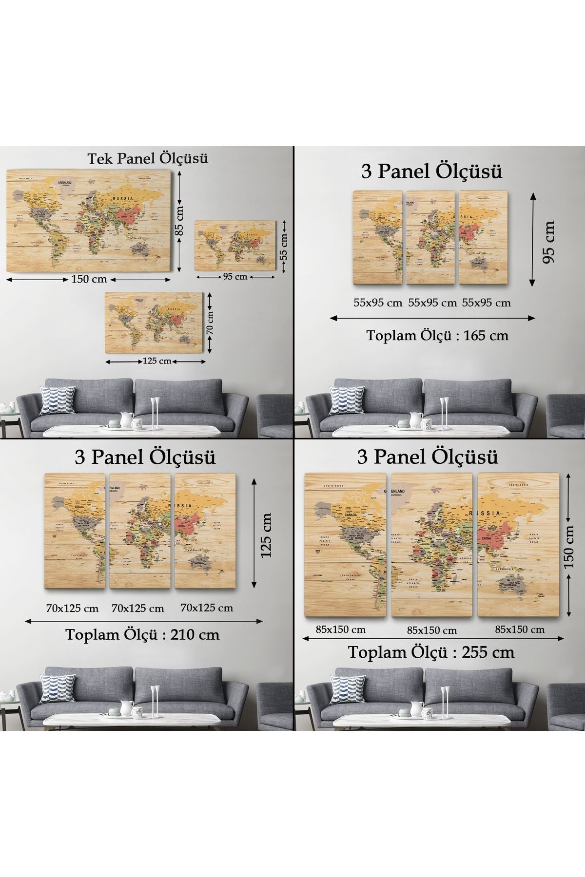 Ahşap Görünümlü Dünya Haritası Ayrıntılı ve Dekoratif Kanvas Tablo 1800