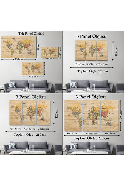 Ahşap Görünümlü Dünya Haritası Ayrıntılı ve Dekoratif Kanvas Tablo 1800