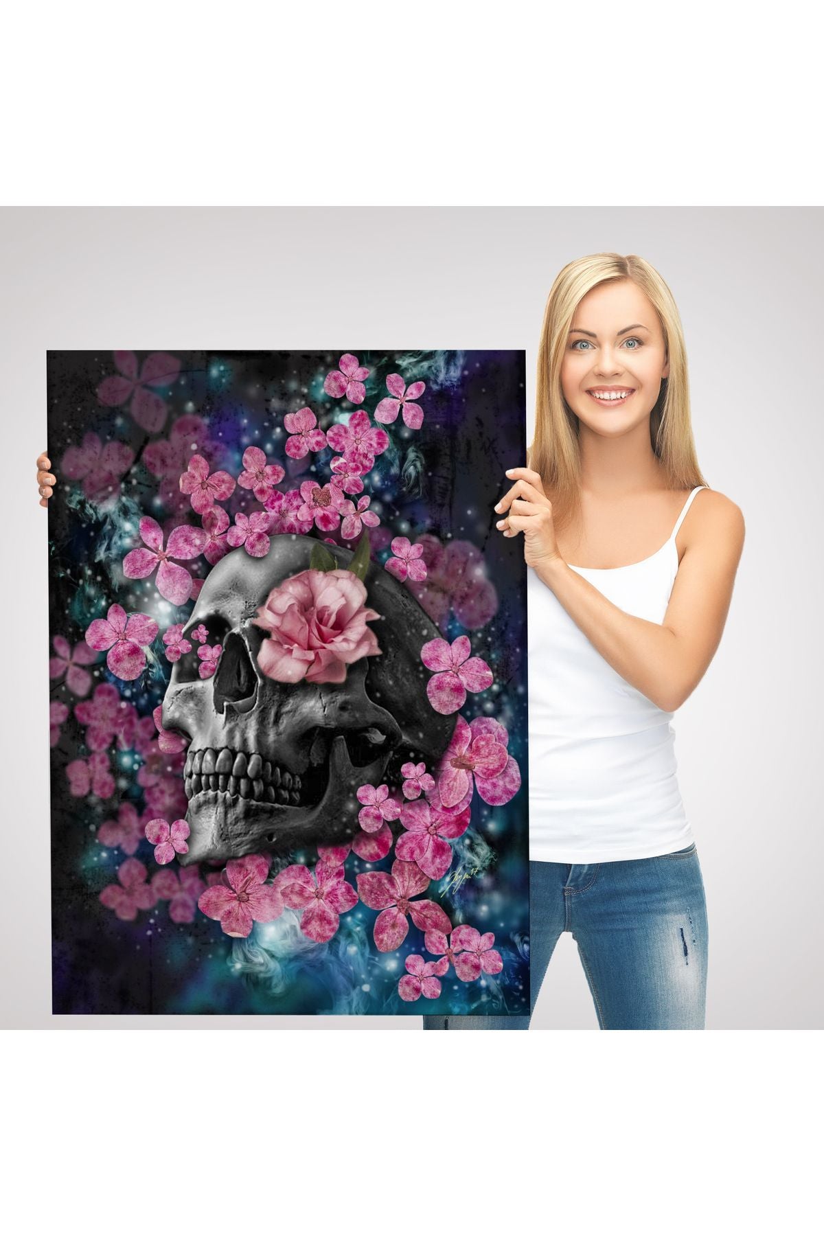 İskelet Kafa ve Pembe Çiçekler Kanvas Tablo Duvar Sanatı-5234
