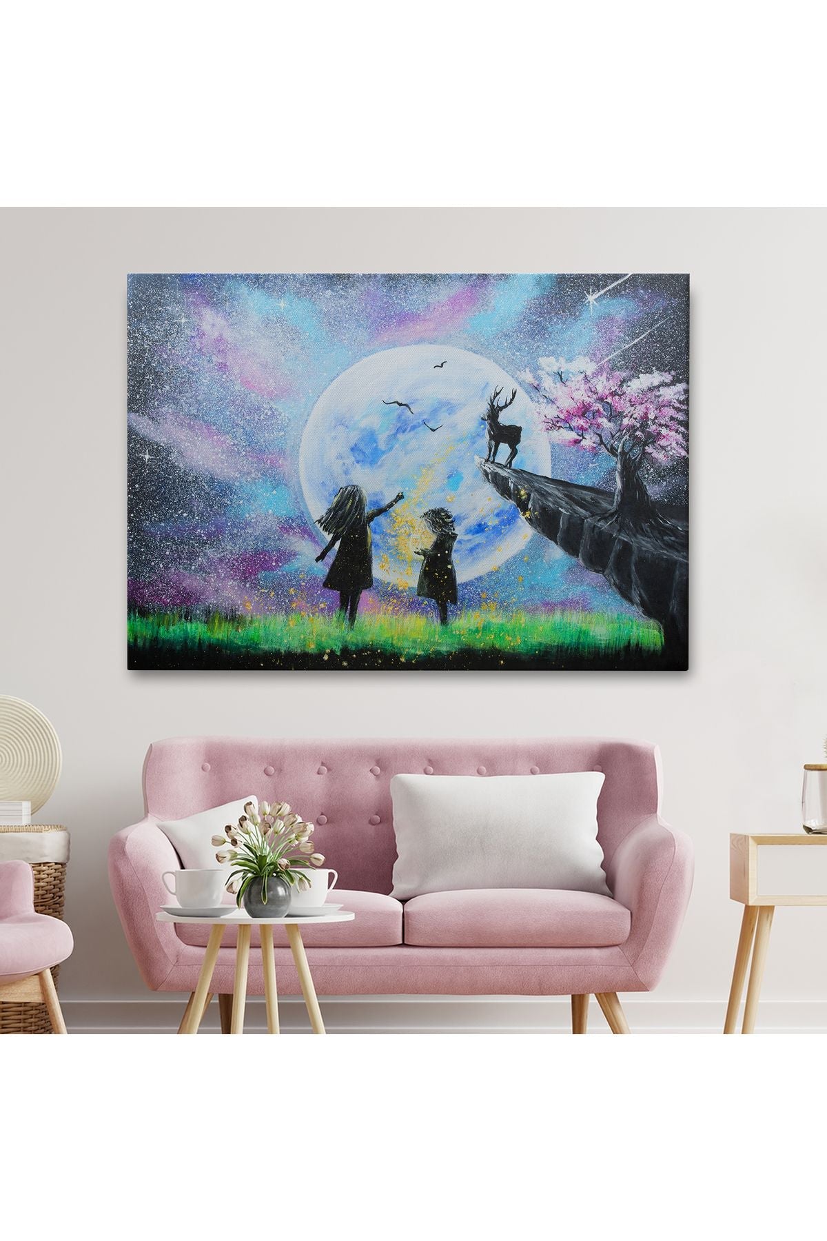 Gece Ay'ı İzleyen Çocuklar Duvar Tablosu-3470