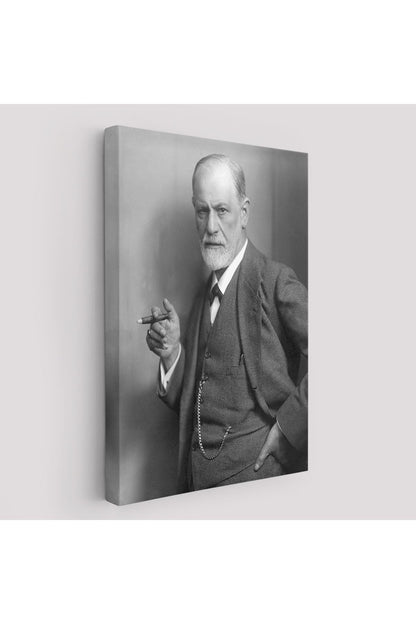 Sigmund Freud Elinde Puro ile Siyah Beyaz Fotoğrafı Kanvas Tablo-5238
