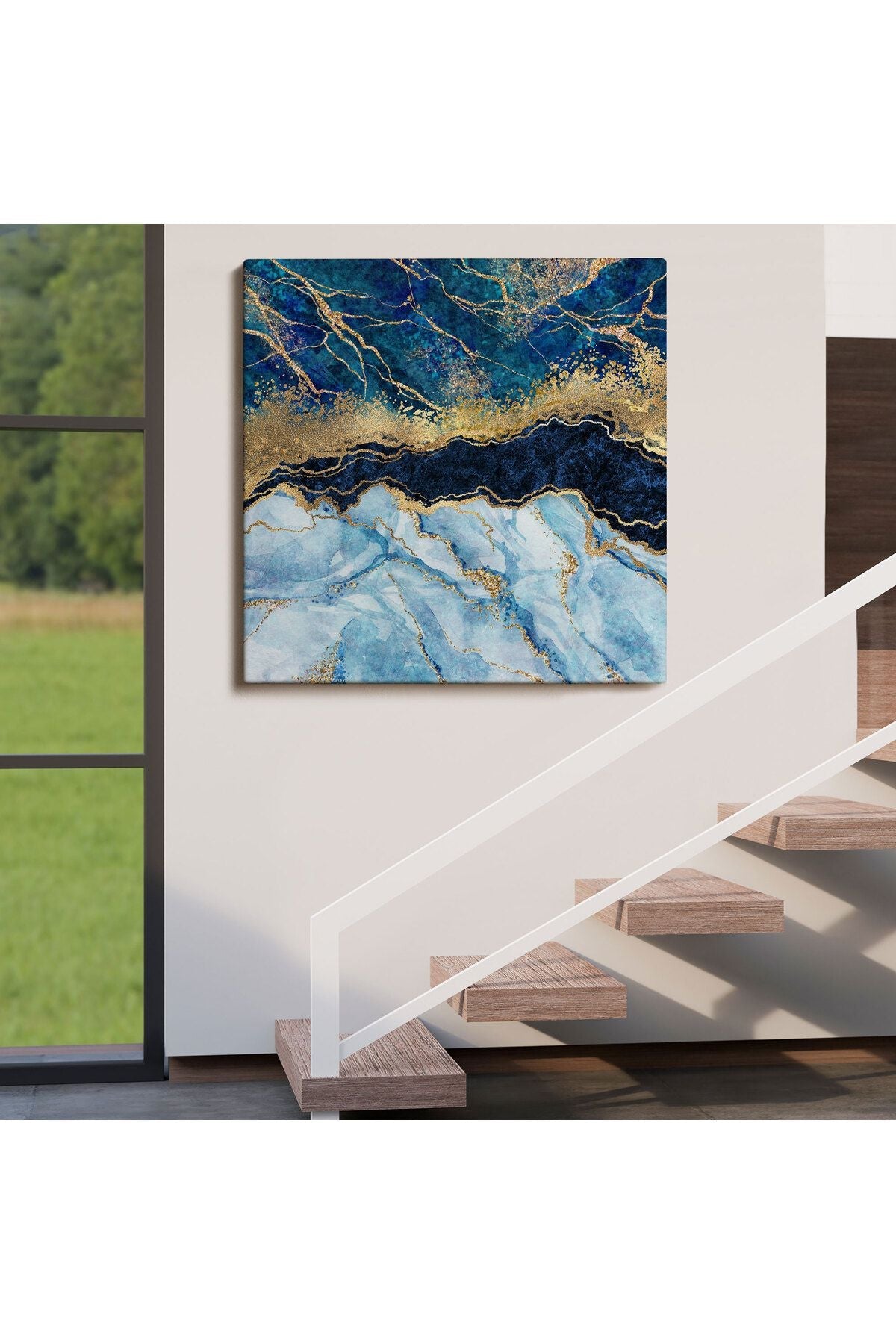 Mavi ve Gold'un Mükemmel Uyumu Mermer Görünümlü Modern Kanvas Tablo-5072