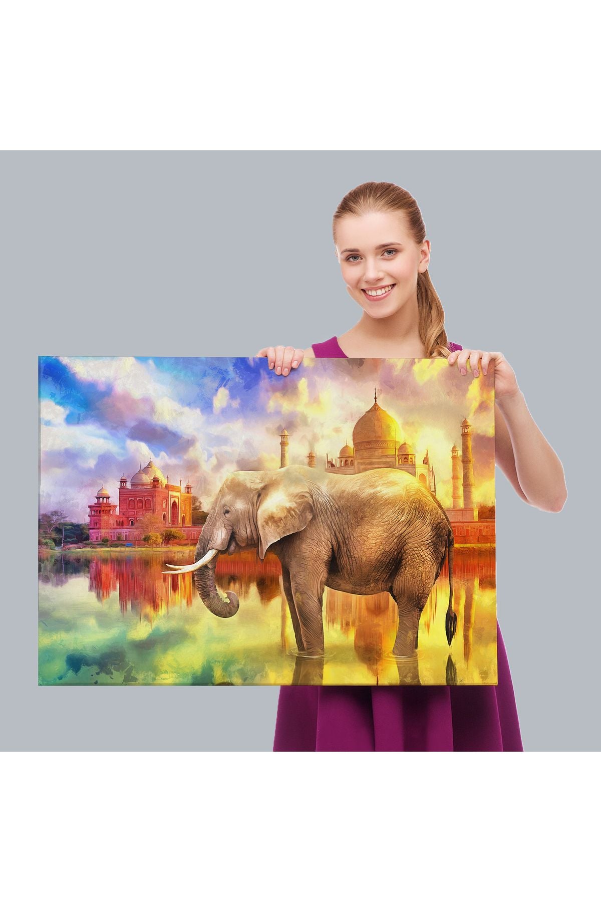 Fil ve Taç Mahal Manzaralı Yağlıboya Görünüm Dekoratif Kanvas Duvar Tablosu-3716