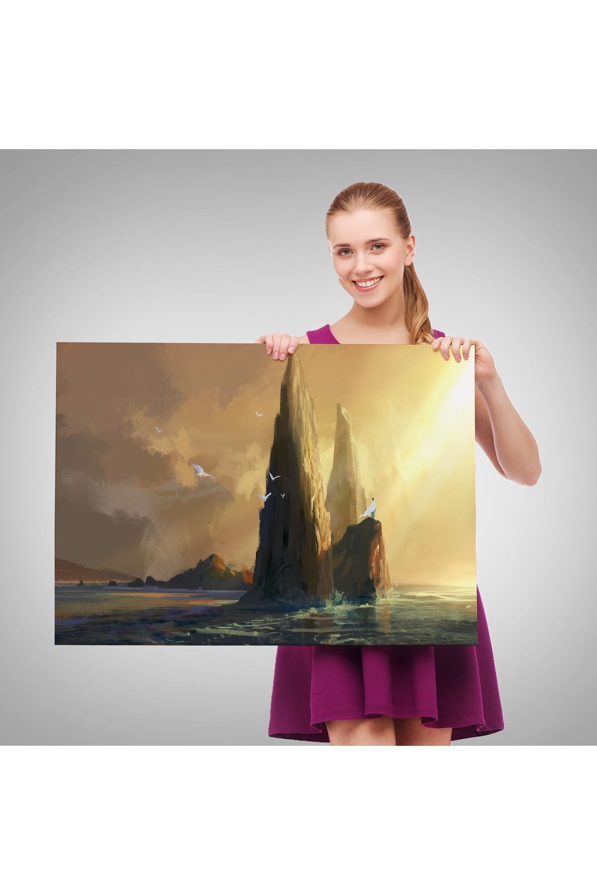 Kayaların Üzerinden Okyanusu İzleyen Beyaz Pelerinli Kadın Kanvas Tablo-5091