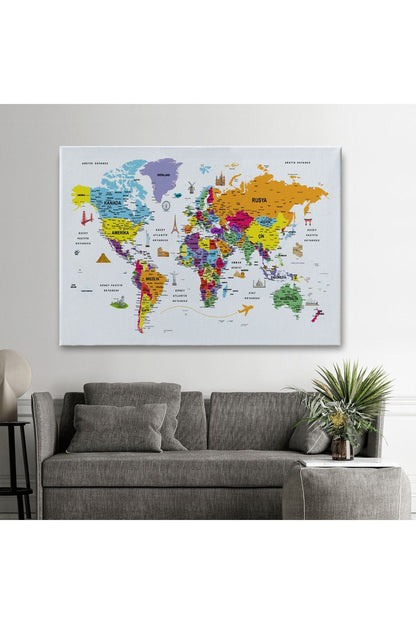 HG Türkçe Dünya Haritası Son Derece Ayrıntılı Eğitici  ve Sembollü Kanvas Tablo 3180