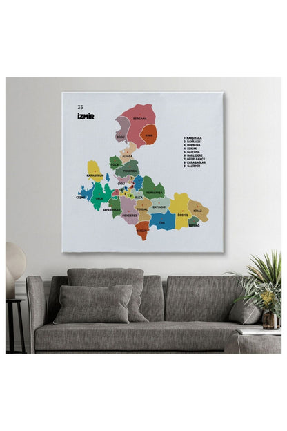 Kanvas, Duvar Tablosu, Dekoratif, İl ve İlçeler Haritası İzmir, Modern 1368 EGKNV