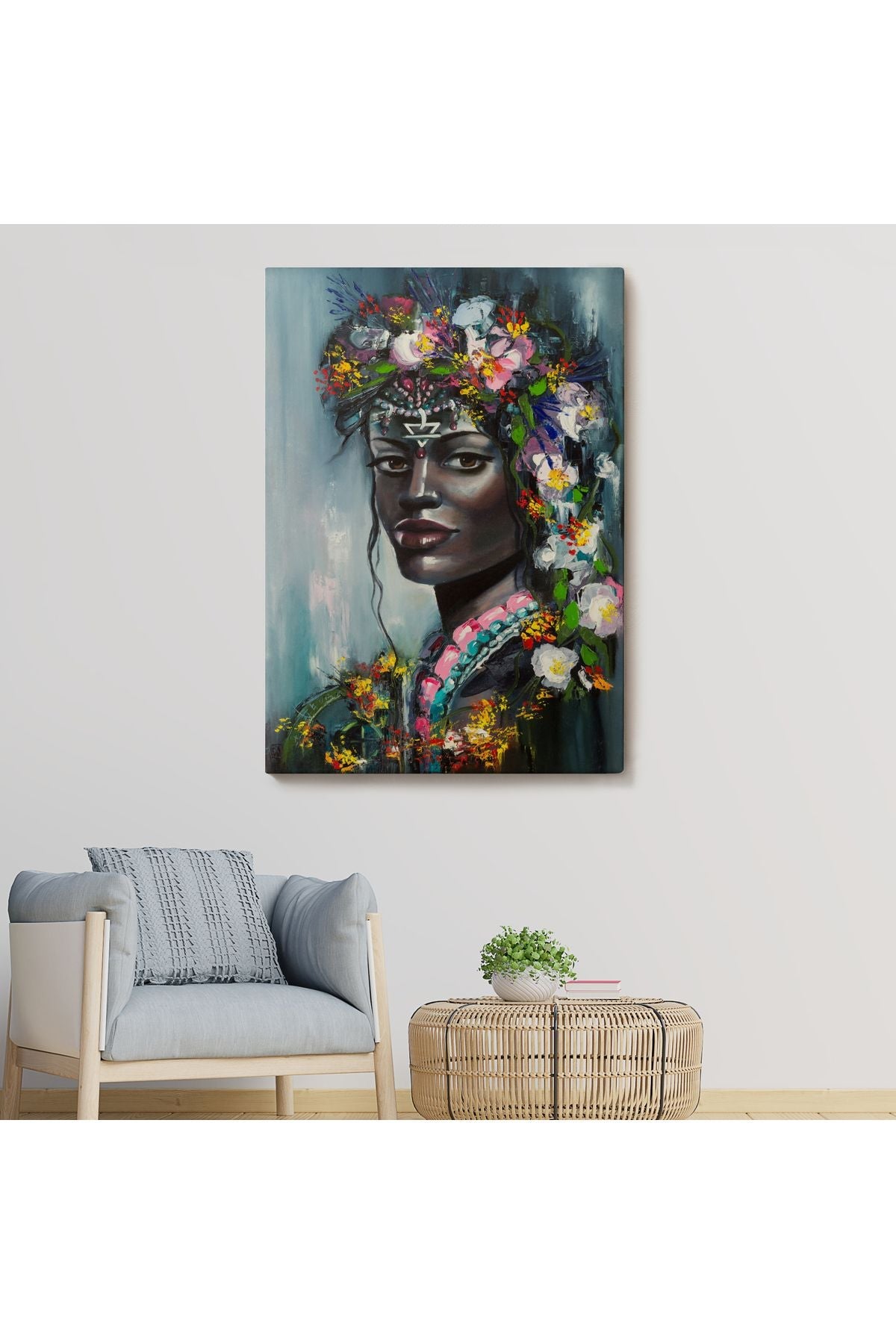 Çiçek Taçlı Afrikalı Kadın Kanvas Tablo-5979