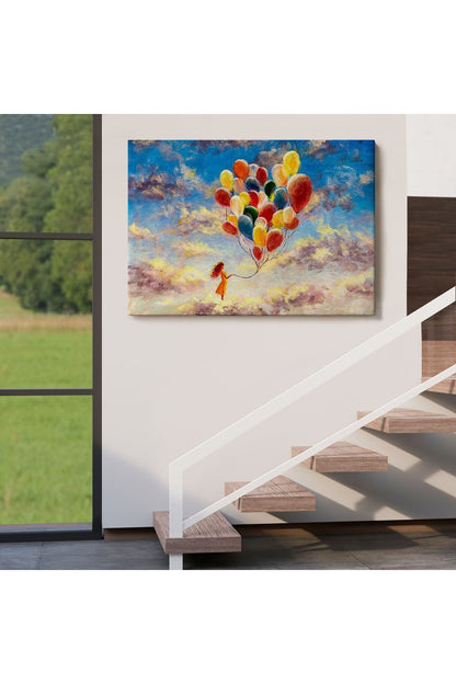 HG Bulutlaların Üzerindeki Renkli Balonları Tutan Kız Tablosu-6643