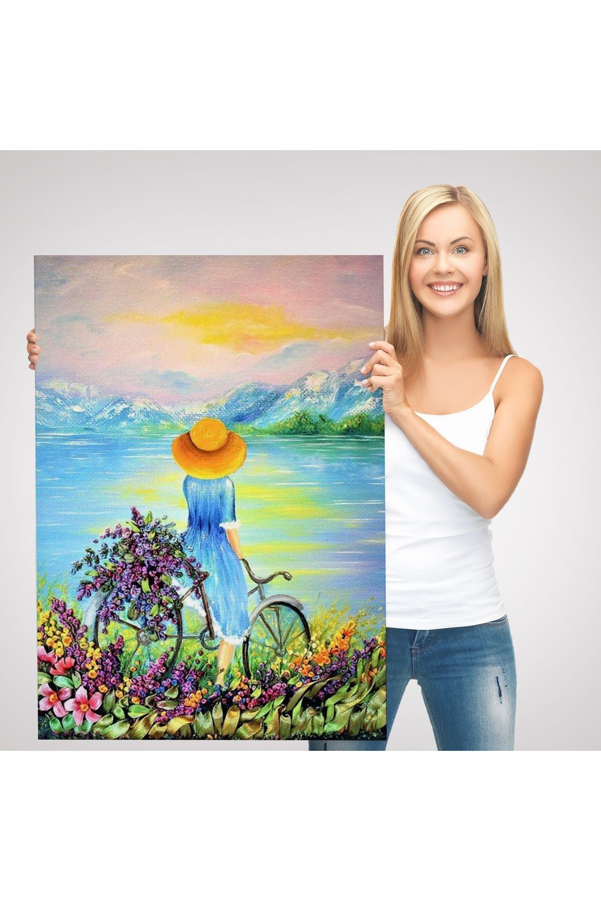 Göl Kenarındaki Bisikletli Kız Dekoratif Duvar Tablosu-6135