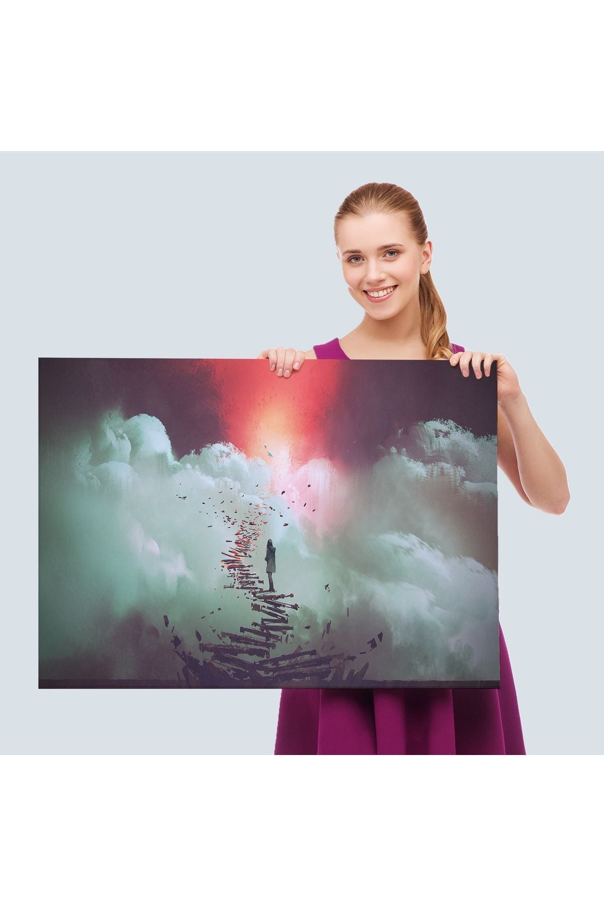 Gökyüzüne Giden Kırık Merdivenlerde Duran Genç Kadın Kanvas Tablosu-5029