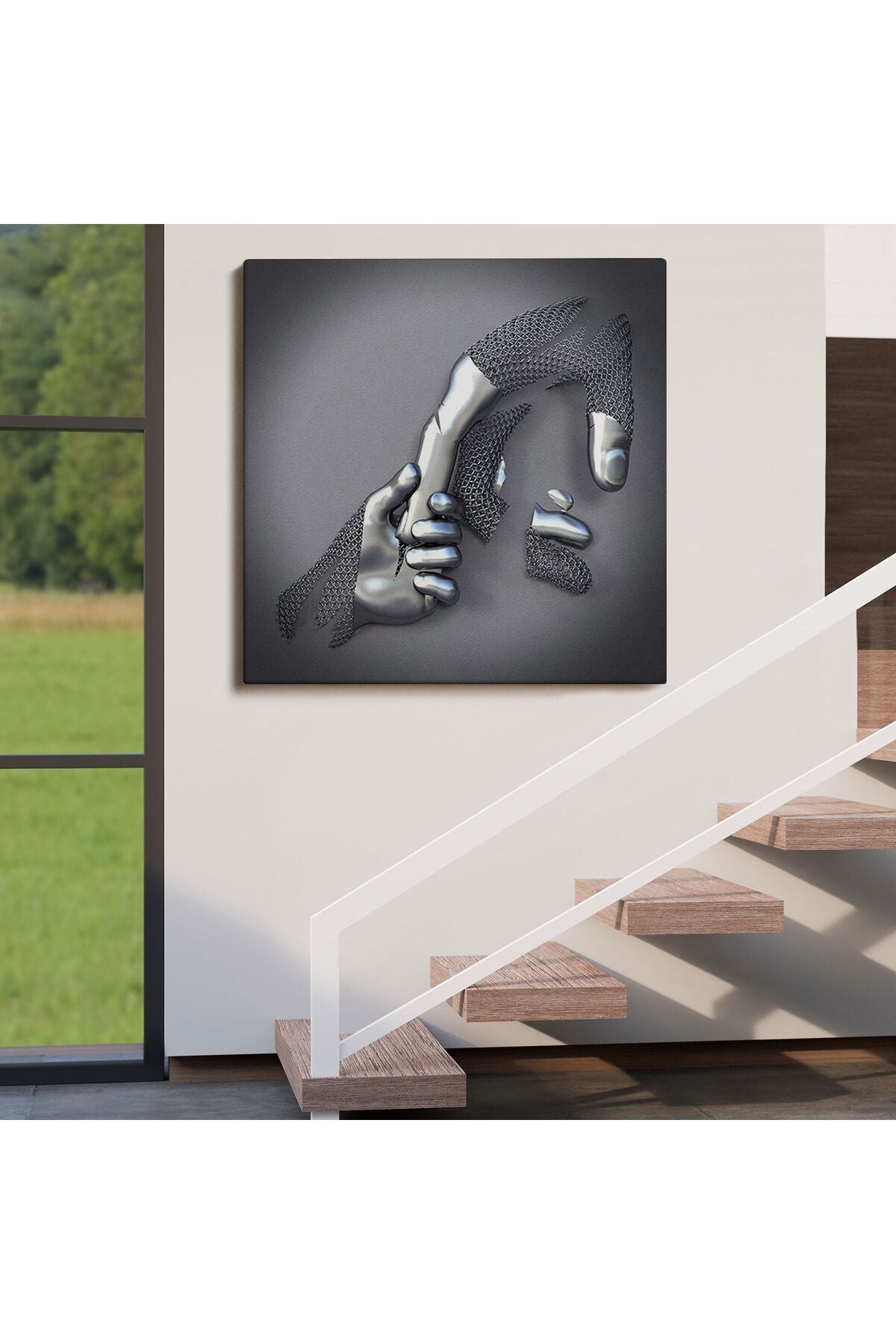 Metalik Efektli 3D Kanvas Poster, Modern Duvar Dekoru, Gümüş Kanvas Tablo-5357