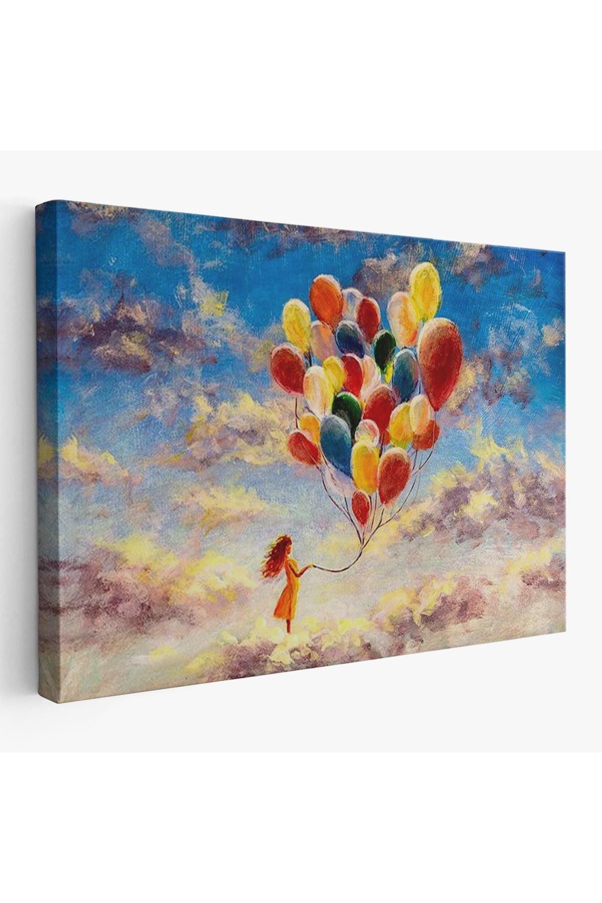 HG Bulutlaların Üzerindeki Renkli Balonları Tutan Kız Tablosu-6643