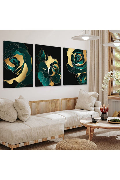 Soyut Desen Gül 3'Lü Kanvas Tablo