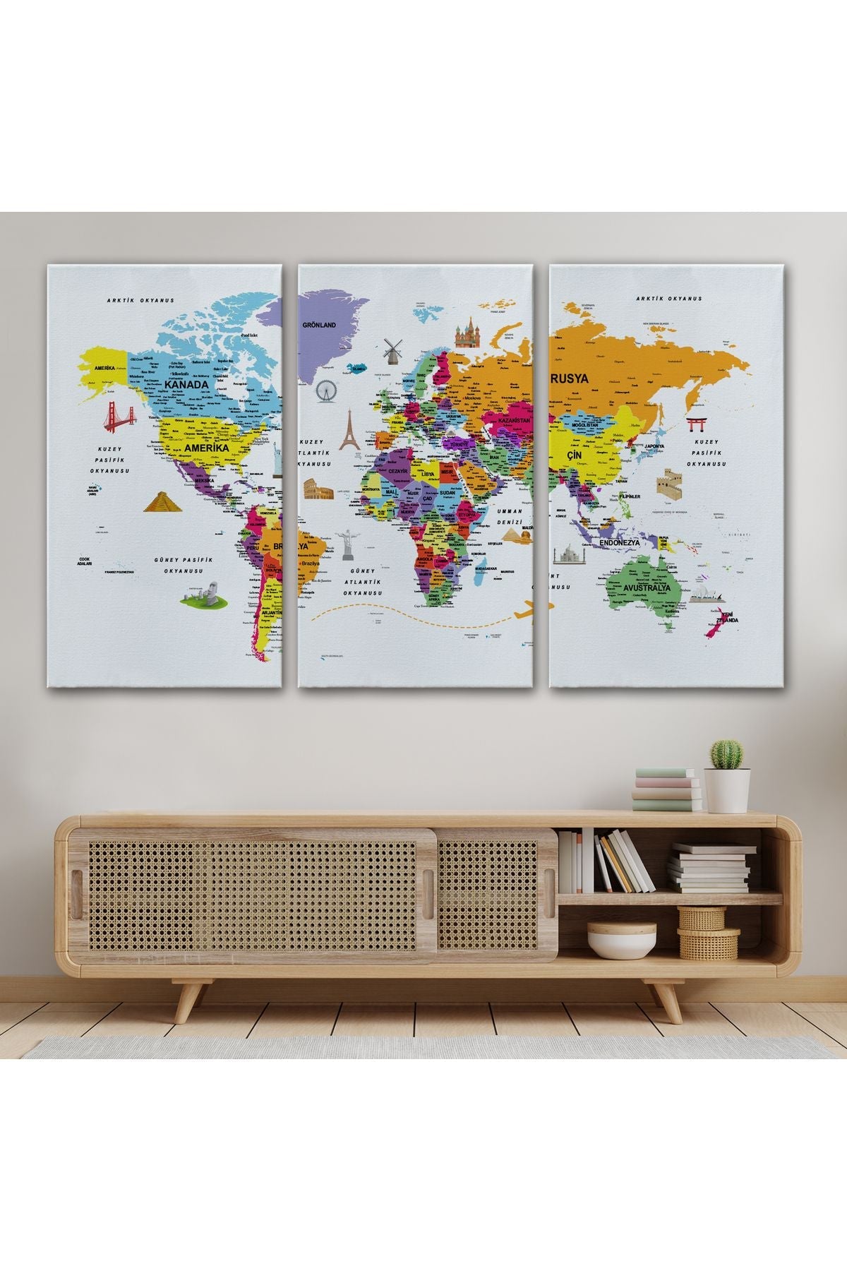 HG Türkçe Dünya Haritası Son Derece Ayrıntılı Eğitici  ve Sembollü Kanvas Tablo 3180