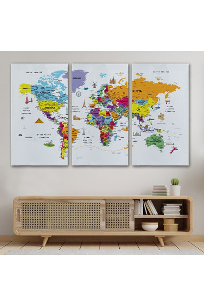 HG Türkçe Dünya Haritası Son Derece Ayrıntılı Eğitici  ve Sembollü Kanvas Tablo 3180