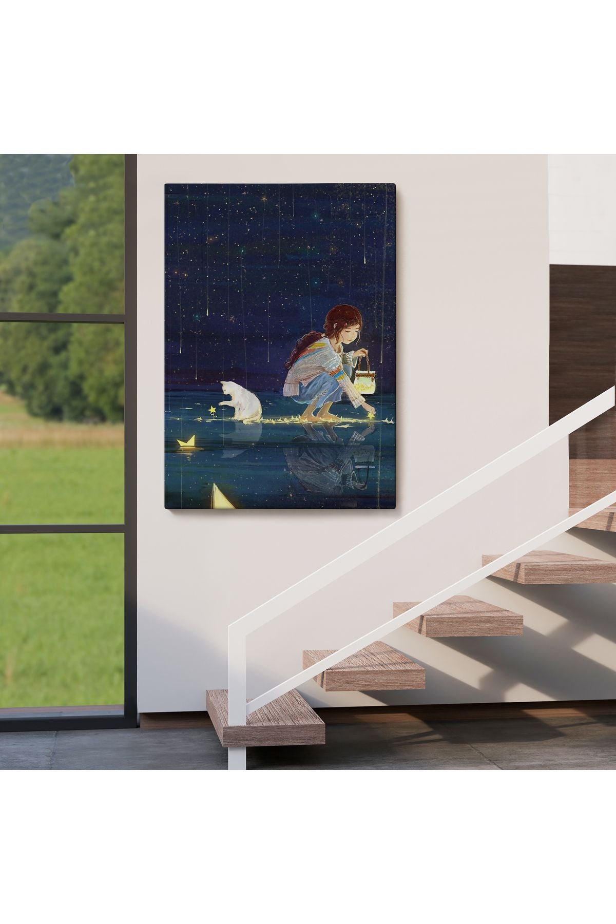 Lsm Seri001 Yıldız Toplayan Kız ve Kedi Dekoratif Duvar Tablosu-6129