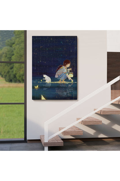 Lsm Seri001 Yıldız Toplayan Kız ve Kedi Dekoratif Duvar Tablosu-6129