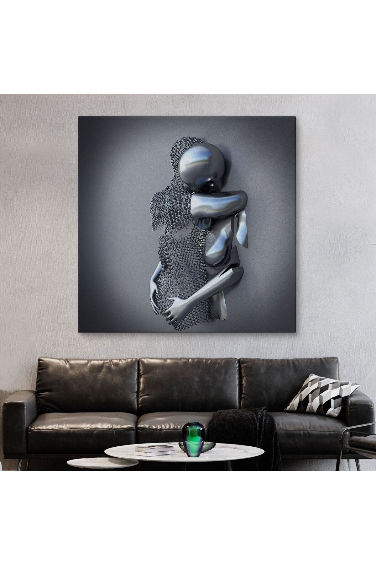 Kanvas Tablo, Gri ve Gümüş Metalik Efektli Modern Aşk Sanatı-5363
