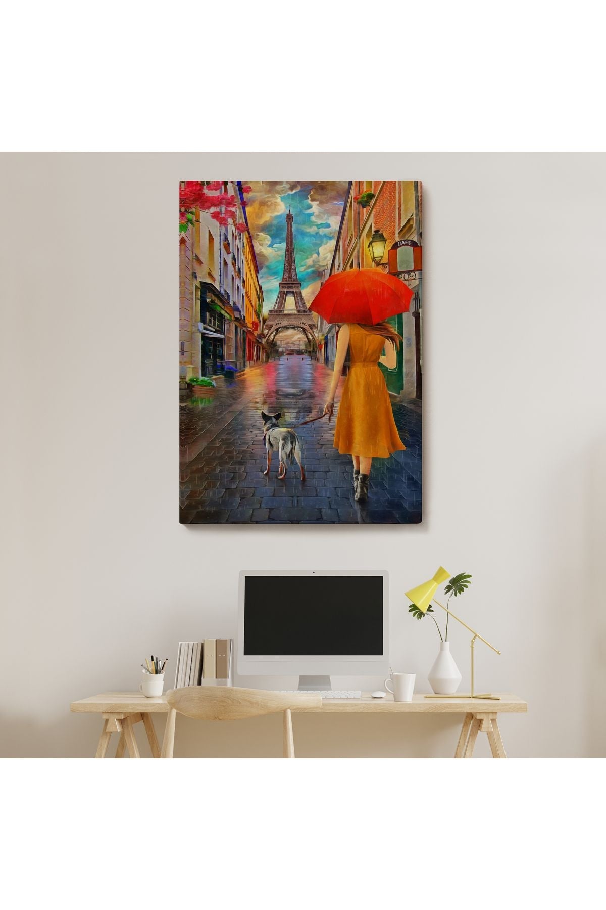 Eyfel Kulesine Yürüyen Kadın Yağlıboya Görünüm Dekoratif Kanvas Duvar Tablosu-5950