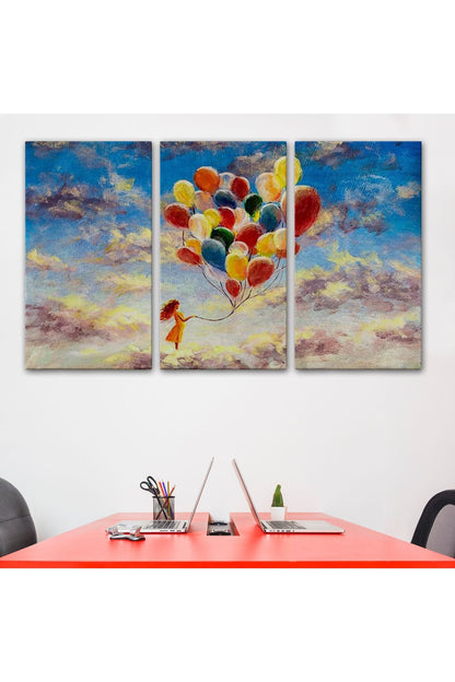 HG Bulutlaların Üzerindeki Renkli Balonları Tutan Kız Tablosu-6643