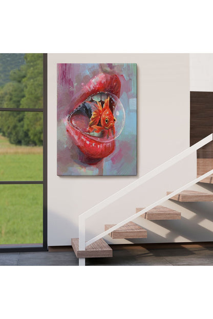 Kırmızı Rujlu Dudak Balon Içerisinde Turuncu Japon Balığı Duvar Tablosu-6293