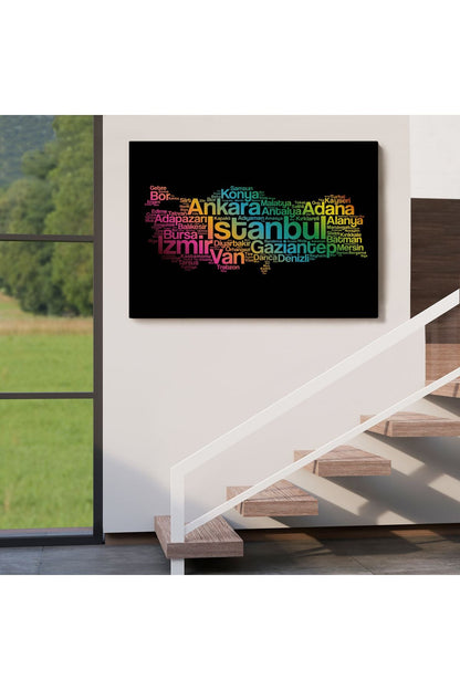 İller İsimli Siyah Zeminli Dekoratif Kanvas Tablo 1016