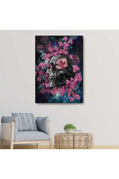İskelet Kafa ve Pembe Çiçekler Kanvas Tablo Duvar Sanatı-5234