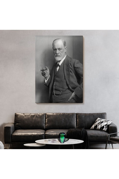 Sigmund Freud Elinde Puro ile Siyah Beyaz Fotoğrafı Kanvas Tablo-5238