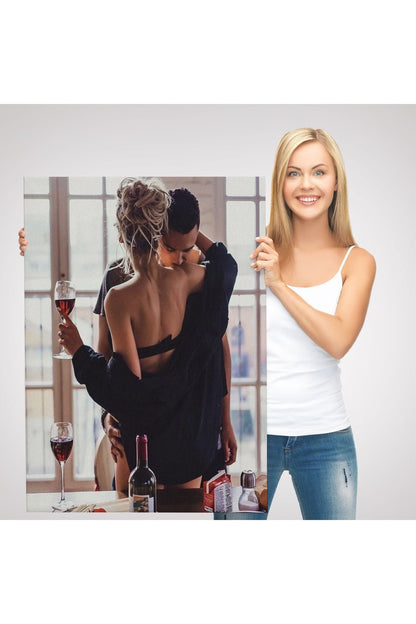 Kırmızı Şarap İçen Sevgililer Dekoratif Duvar Tablosu-6158