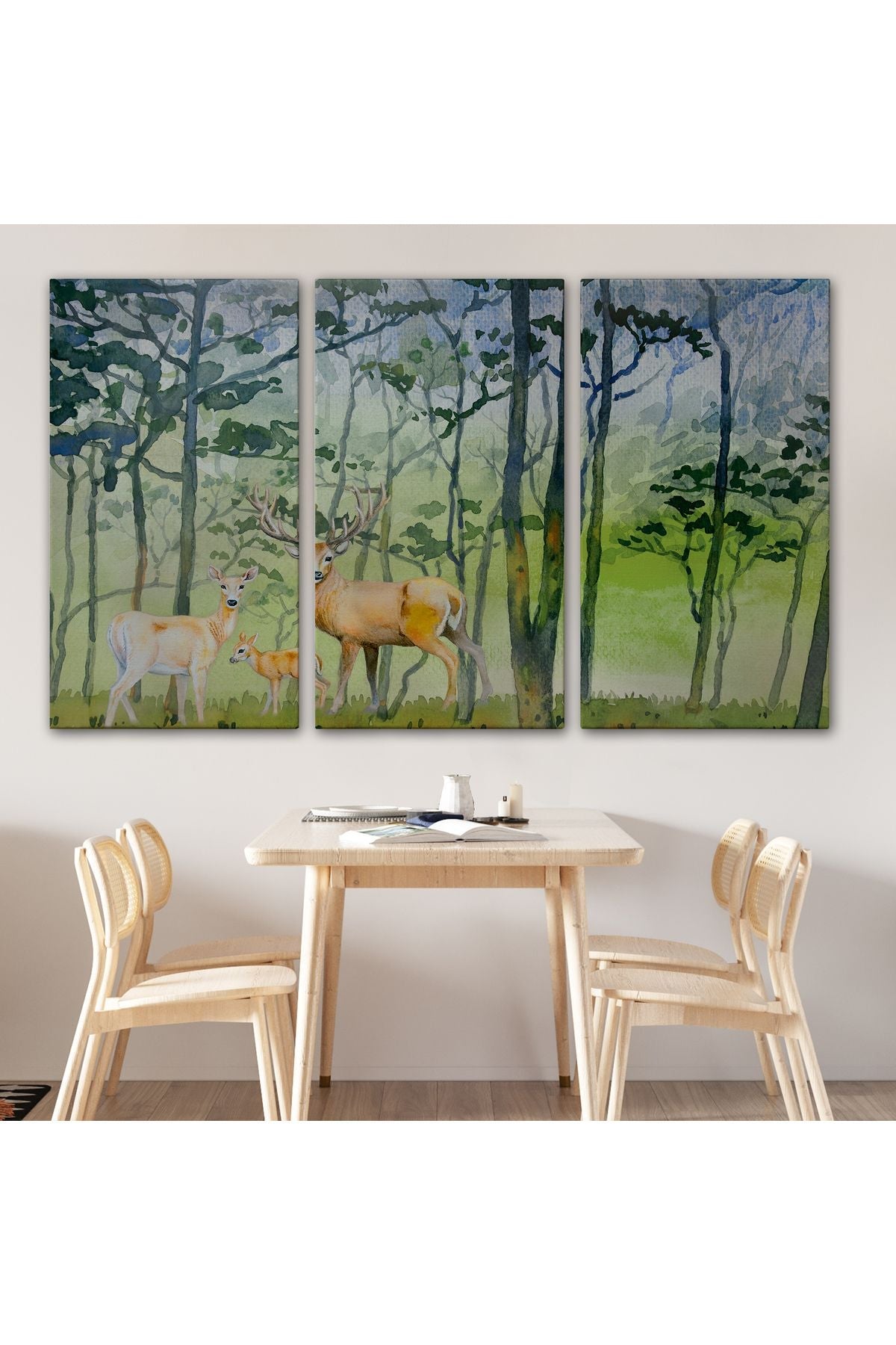 Geyik Ailesi Suluboya Görünüm Dekoratif Kanvas Duvar Tablosu-3648