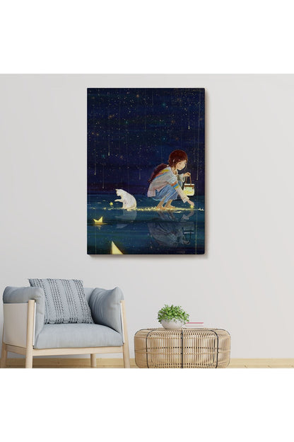 Lsm Seri001 Yıldız Toplayan Kız ve Kedi Dekoratif Duvar Tablosu-6129