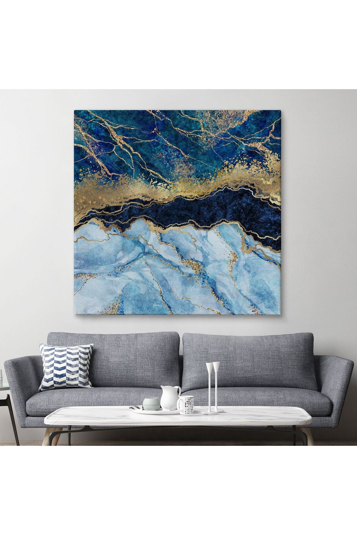 Mavi ve Gold'un Mükemmel Uyumu Mermer Görünümlü Modern Kanvas Tablo-5072