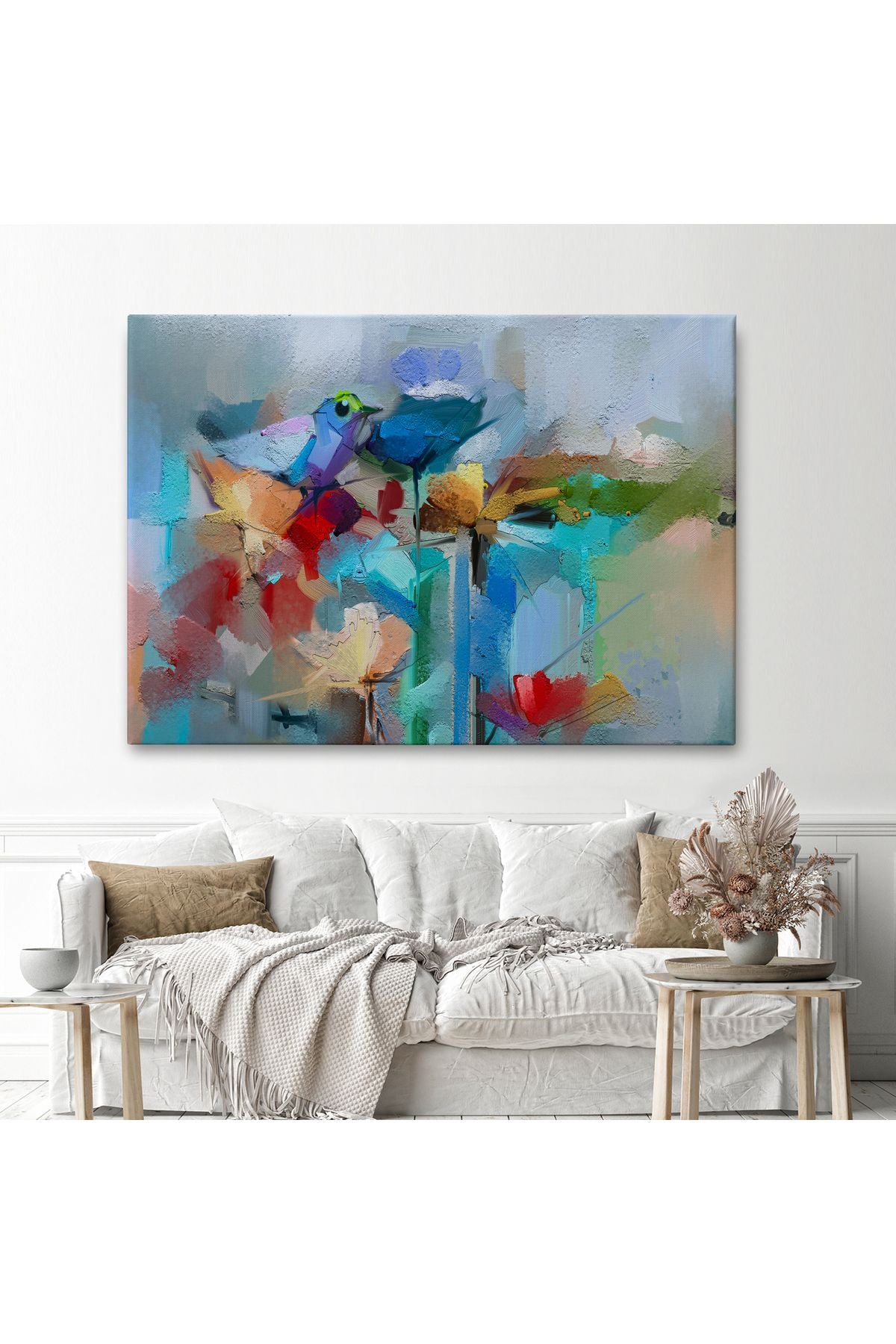 Modern Soyut Tarzda Çiçekler ve Kuş Dekoratif Kanvas Duvar Tablosu-3701