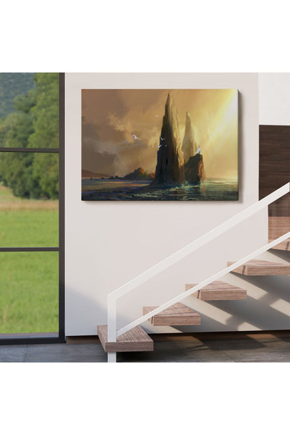 Kayaların Üzerinden Okyanusu İzleyen Beyaz Pelerinli Kadın Kanvas Tablo-5091