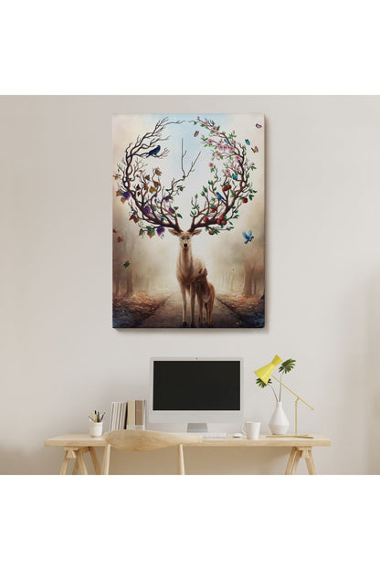 Geyik YBoynuzları Üzerinde Renkli Kuşlar Tablosu-6477