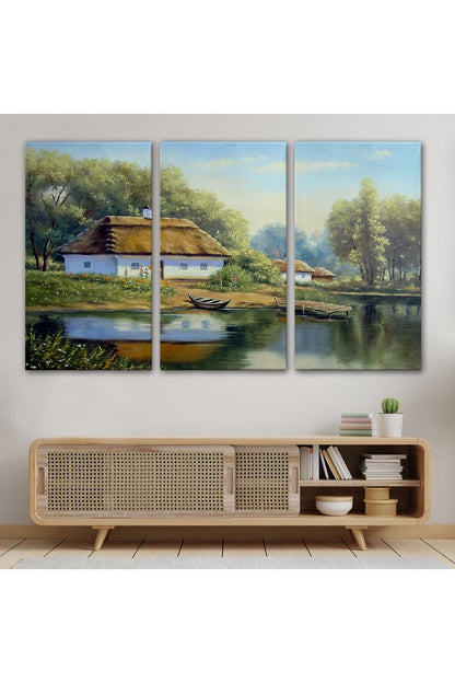 Göl Manzaralı Köy Evi Yağlıboya Görünüm Dekoratif Kanvas Duvar Tablosu-3510