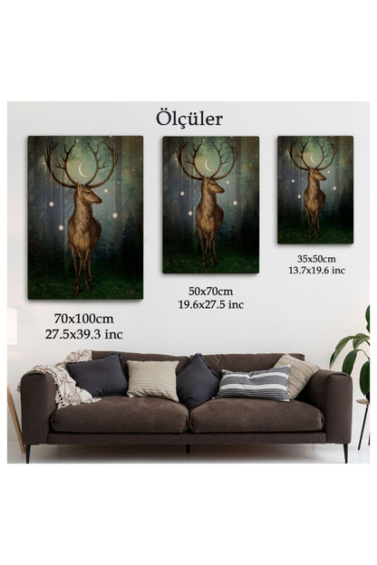 Kanvas, Duvar Tablosu, Dekoratif, Gece Vakti Orman'daki Geyik 6309 EGKNV