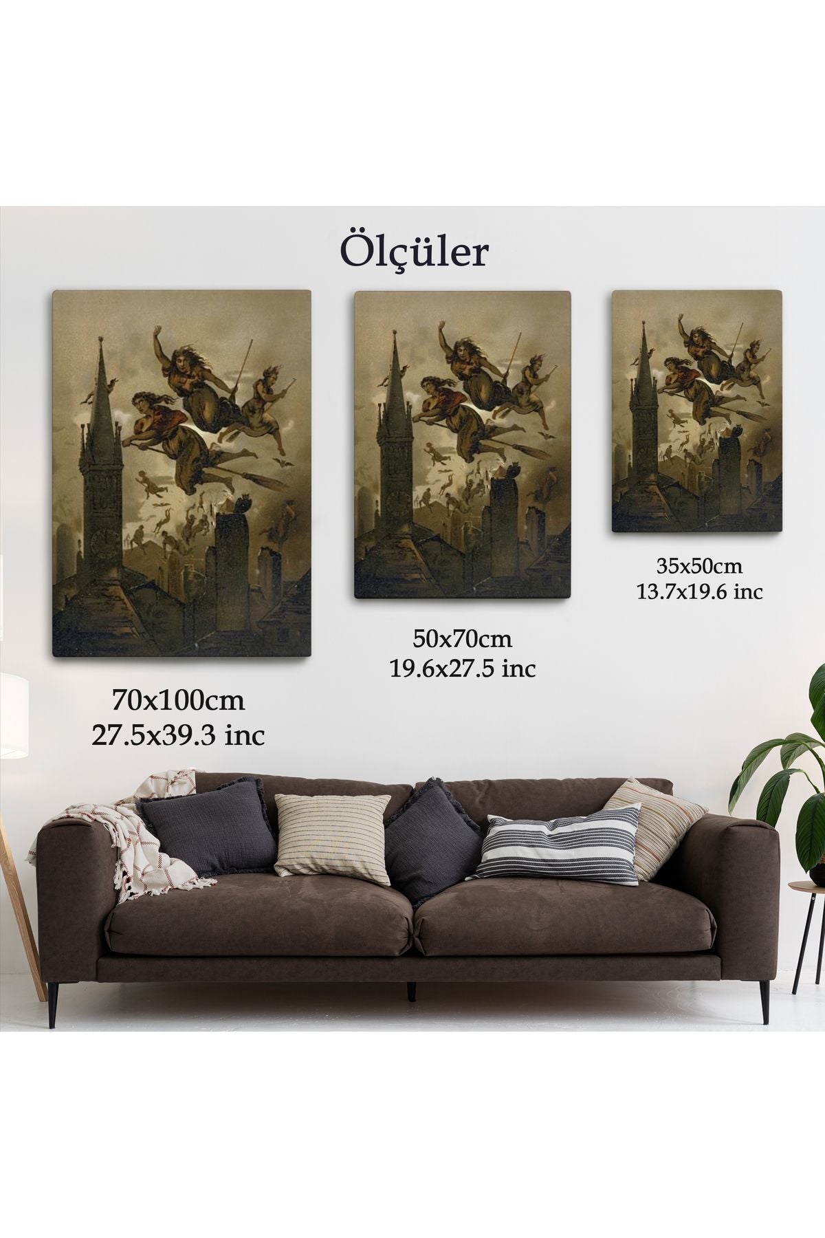 Süpürgelerindeki Cadılar Evlerinin Çatılarının Üzerinden Uçuyor Duvar Tablosu-6118